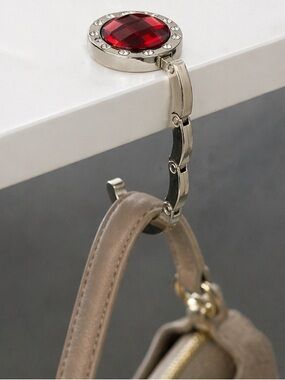 Foldable Handbag Table Hook w/ Red Crystal Rhinestone – Purse Holder